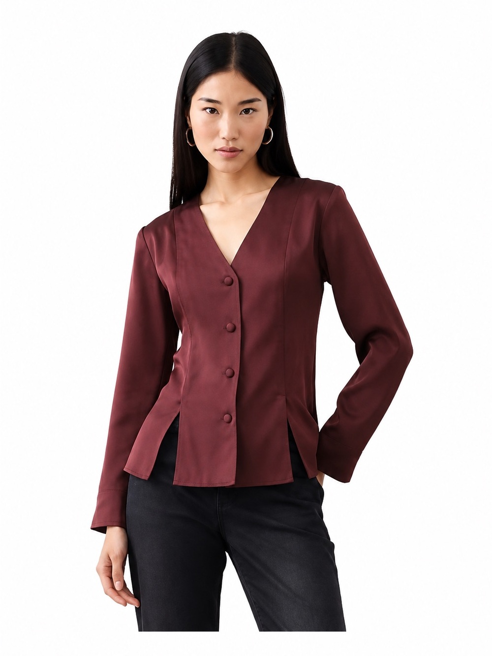 Banana Republic Silky Seamed Slit Blouse Burgundy